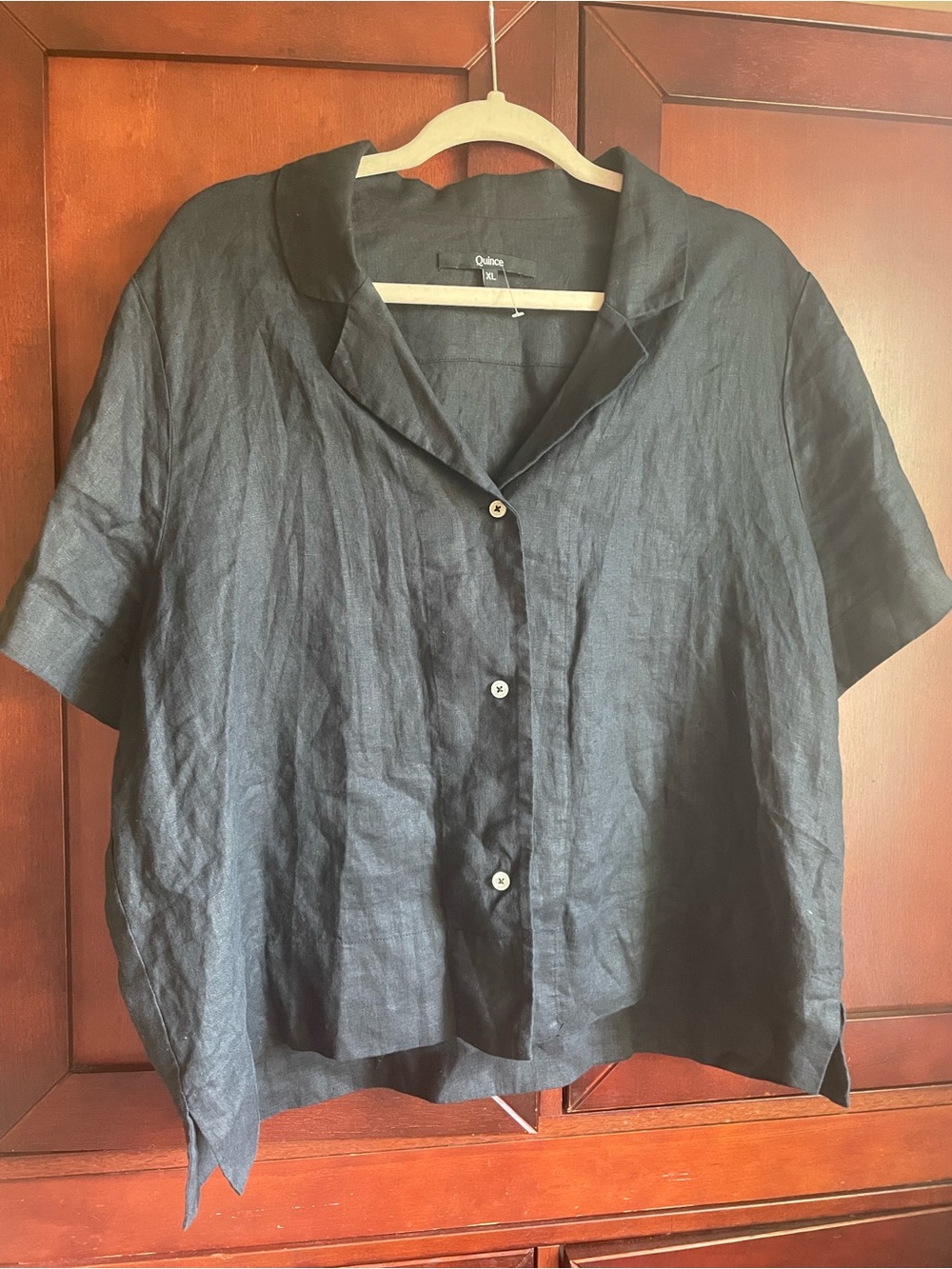 Quince Black Linen Button-Front Short Sleeve Top
